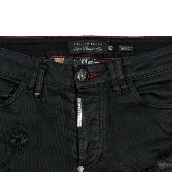 Philipp Plein Jean Super Straight Cut 31/32 (tag 31) Designer Distress- Black - Picture 6 of 12